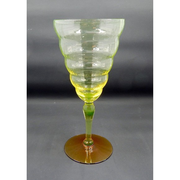Utility Glass Works Cambodia Ware Vaseline Amber Foot Wine Water Goblet Pair 4 - Picture 6 of 15